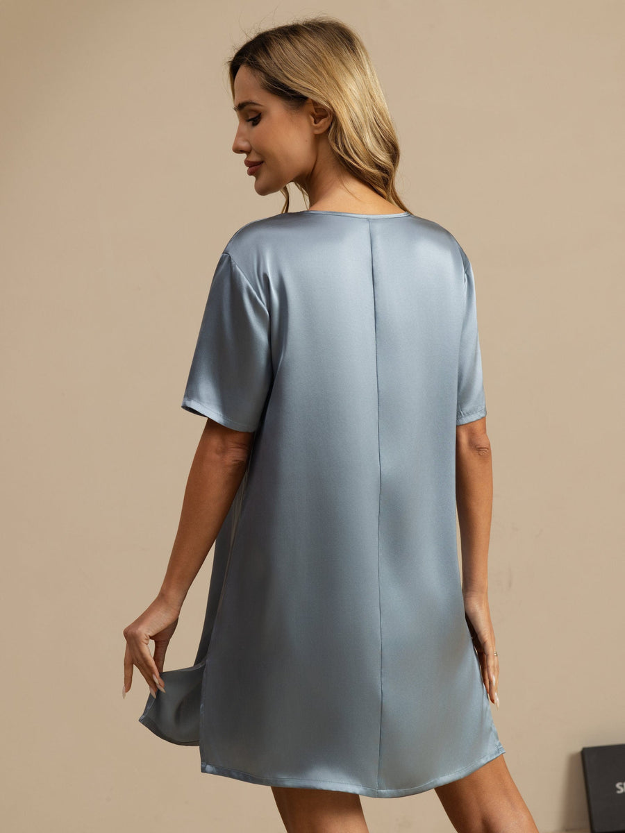 100% Mulberry Silk Half Sleeve V-neck Short Nightgown with Split Design