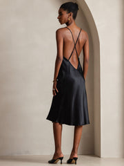 Elegant 100% Mulberry Silk Cross Backless Midi Dress with Side Slit