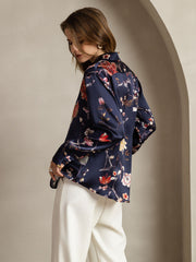 19Momme Silk Navy Floral Print Long Sleeve Lapel Collar Women's Shirt