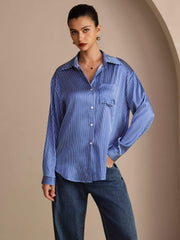 Clearance - 19Momme Silk Pinstripe Pattern Button Up Long Sleeve Women's Shirt