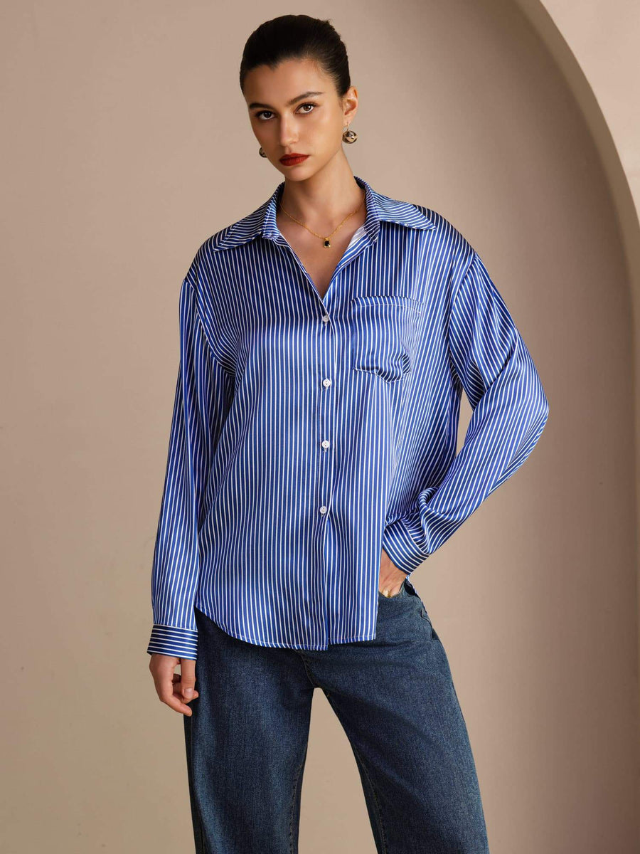 Clearance - 19Momme Silk Pinstripe Pattern Button Up Long Sleeve Women's Shirt