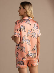 100% Mulberry Silk Women's Cat Print Short Sleeve Button Up Pajama Set