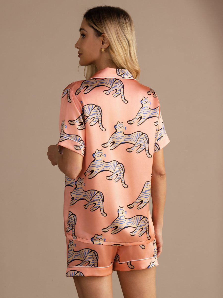 100% Mulberry Silk Women's Cat Print Short Sleeve Button Up Pajama Set