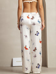 19Momme Silk Butterfly Print Wide Leg Women's Pants With Side Pockets Design