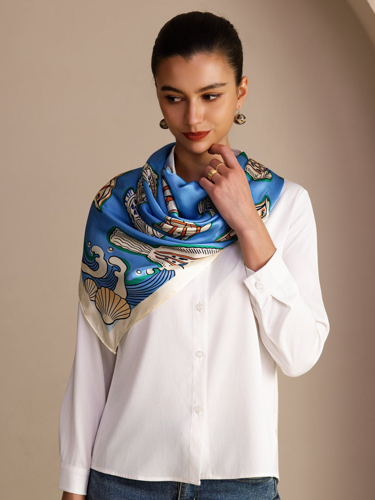 100% Mulberry Silk Fish Pattern Scarf - Size 90x90cm
