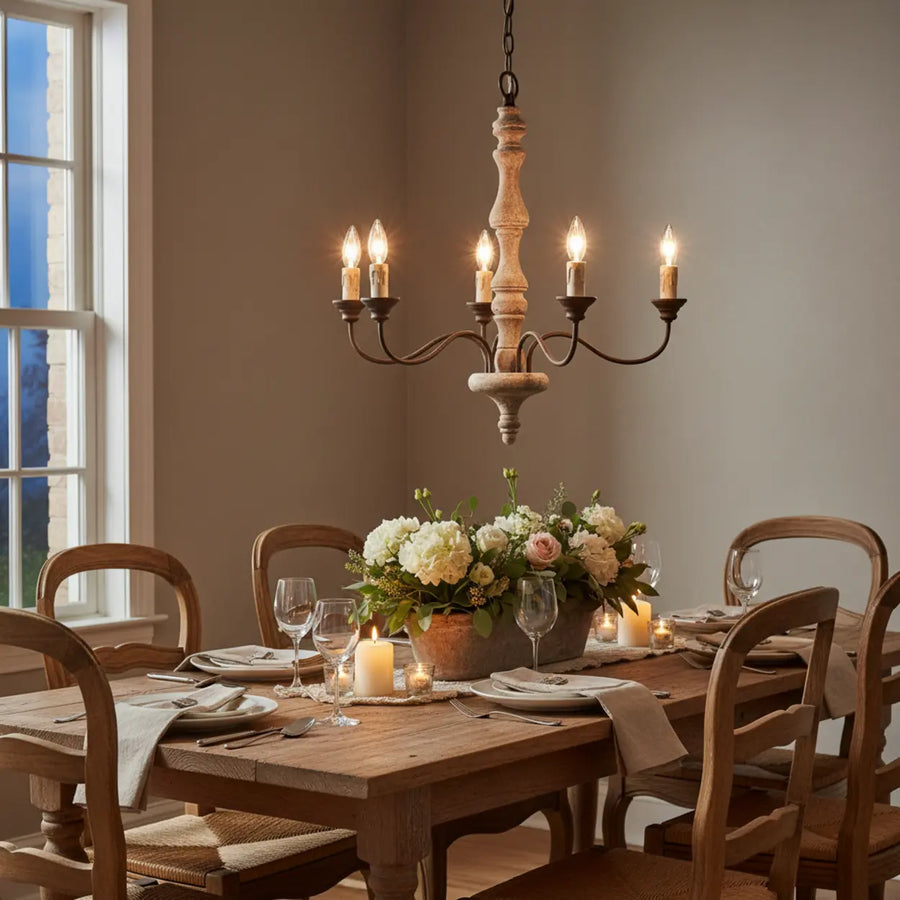 5-Light Natural Wood Candle Chandelier with Metal Arms