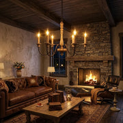 5-Light Natural Wood Candle Chandelier with Metal Arms
