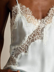 100% Mulberry Silk Spaghetti Straps Lace Camisole Top with Asymmetrical Hem