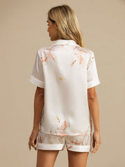 Clearance - 19Momme 100% Mulberry Silk Crane Print Short Sleeve Notch Collar Women's Pajamas Set
