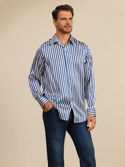 19Momme Silk Men's Long Sleeve Lapel Collar Stripe Print Shirt