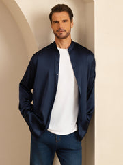 19Momme Silk Men''s Long Sleeve Stand Collar Classic Business Shirt