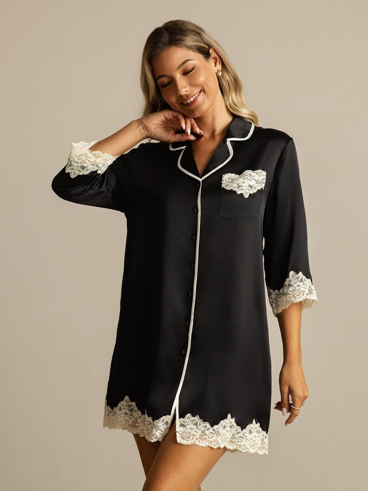 100% Mulberry Silk Button Up Nightshirt with Lace Design