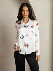 19Momme Silk Butterfly Print Long Sleeve Lapel Collar Women's Shirt