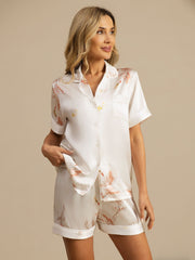 Clearance - 19Momme 100% Mulberry Silk Crane Print Short Sleeve Notch Collar Women's Pajamas Set