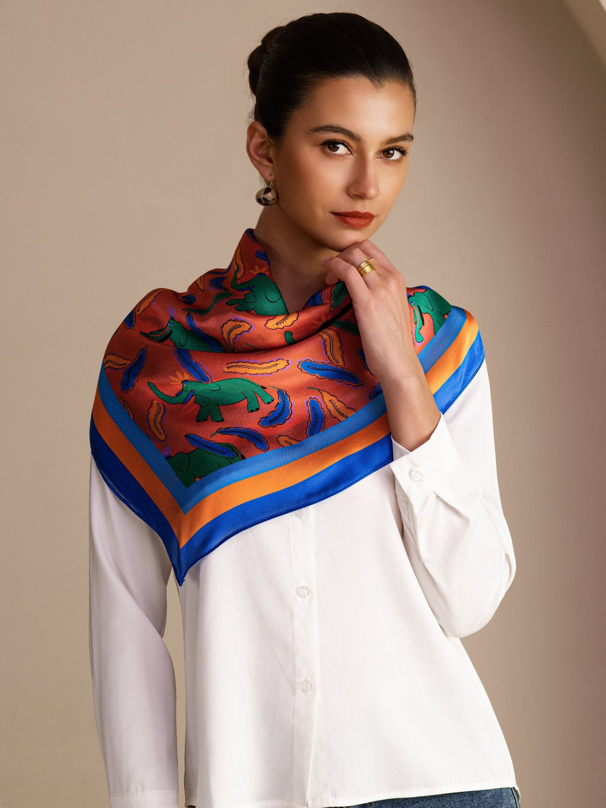 100% Mulberry Silk  Elephant Pattern Scarf - Size 90x90cm