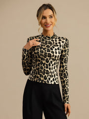 100% Mulberry Silk Wild Animal Print Women's Long Sleeve Mock Neck Top