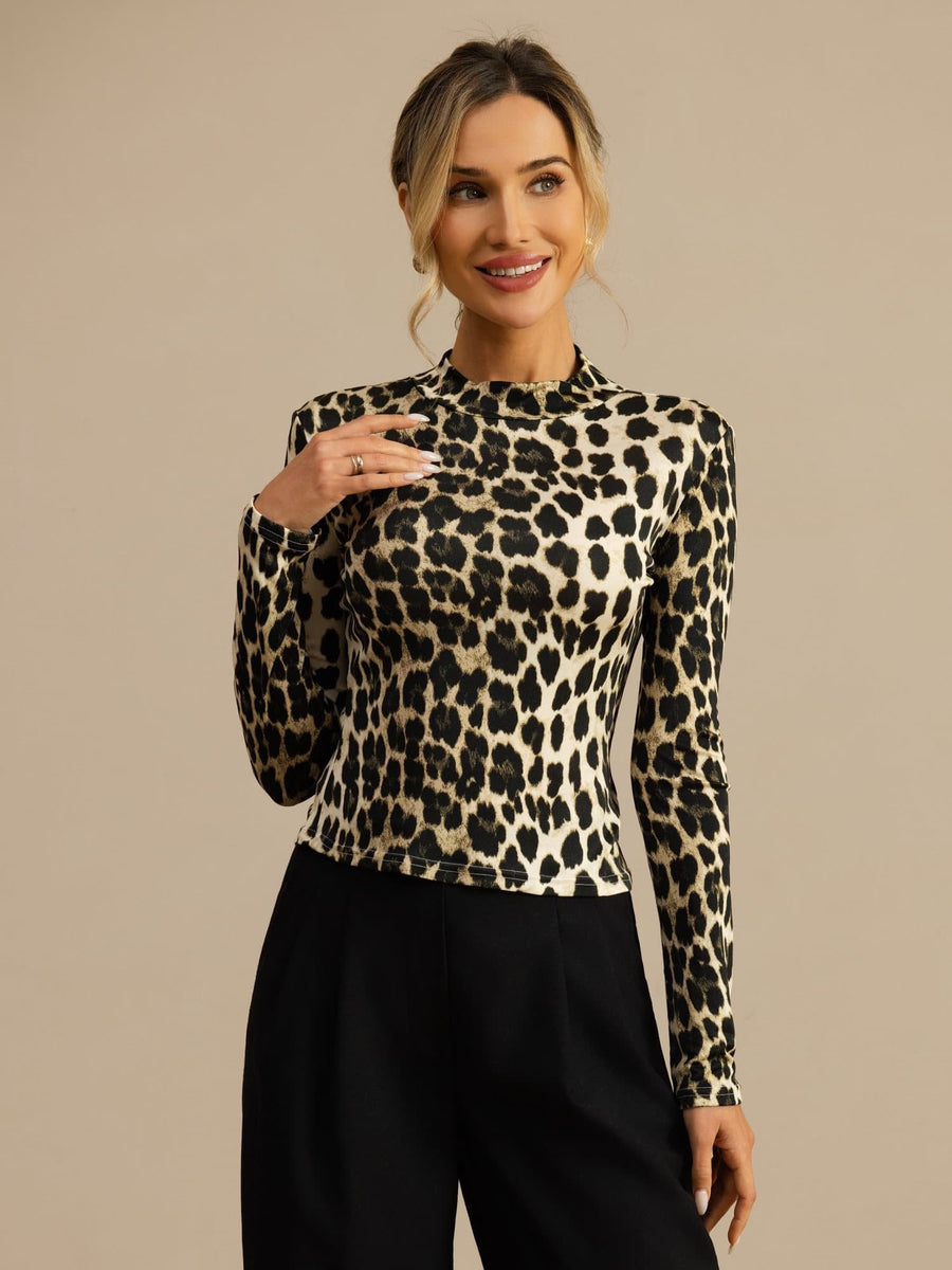 100% Mulberry Silk Wild Animal Print Women's Long Sleeve Mock Neck Top
