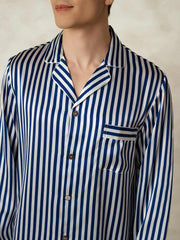 Men's 100% Mulberry Silk Stripe Print Long Sleeve Lapel Collar Pajamas Set
