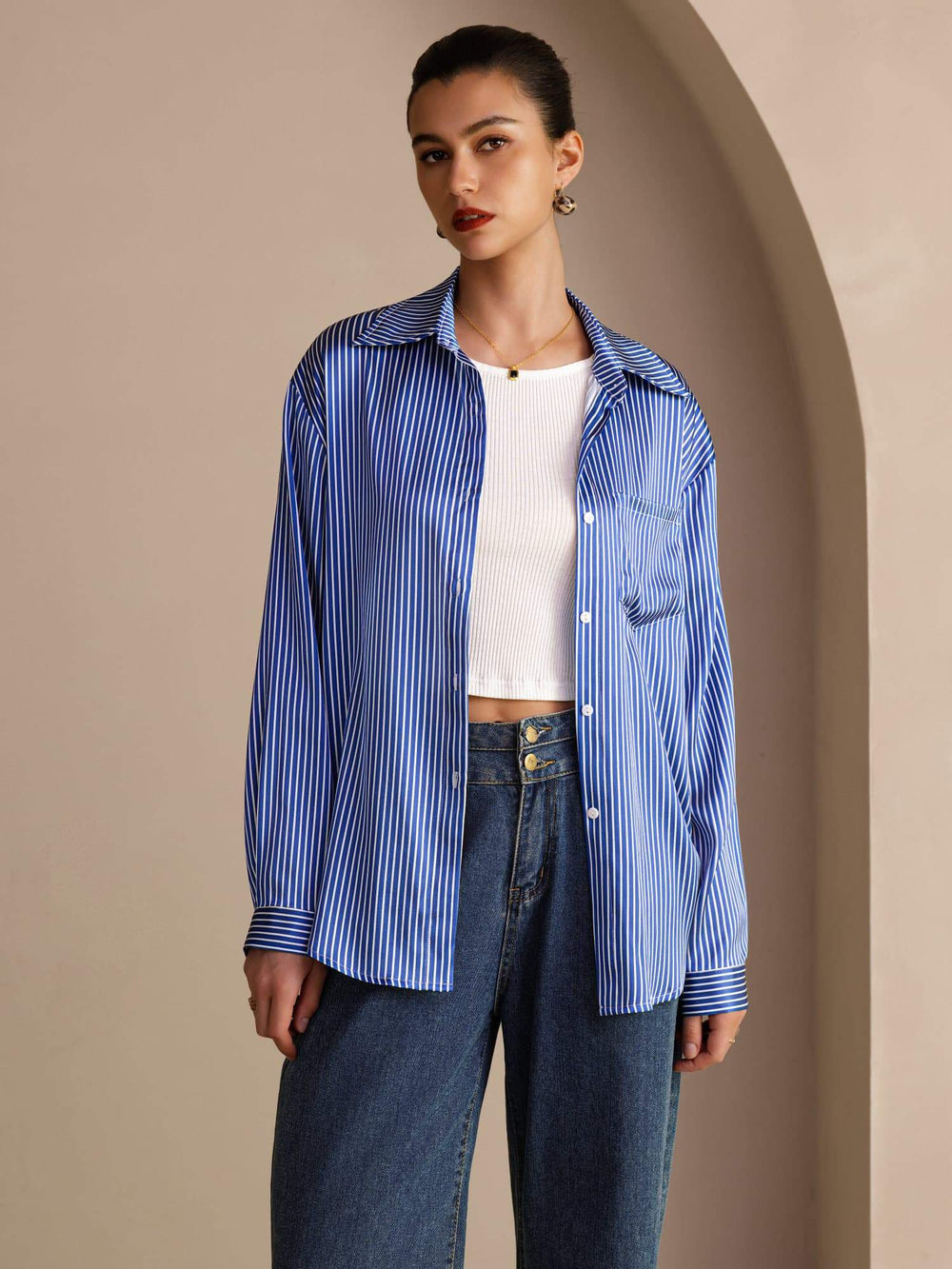 Clearance - 19Momme Silk Pinstripe Pattern Button Up Long Sleeve Women's Shirt