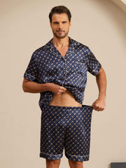 100% Mulberry Silk Short Sleeve Notch Collar Men's Chain Print Pajamas Set with Shorts