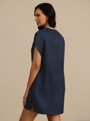 Clearance - 100% Mulberry Silk Henley Neck Cap Sleeve Short Dress With Drawstring