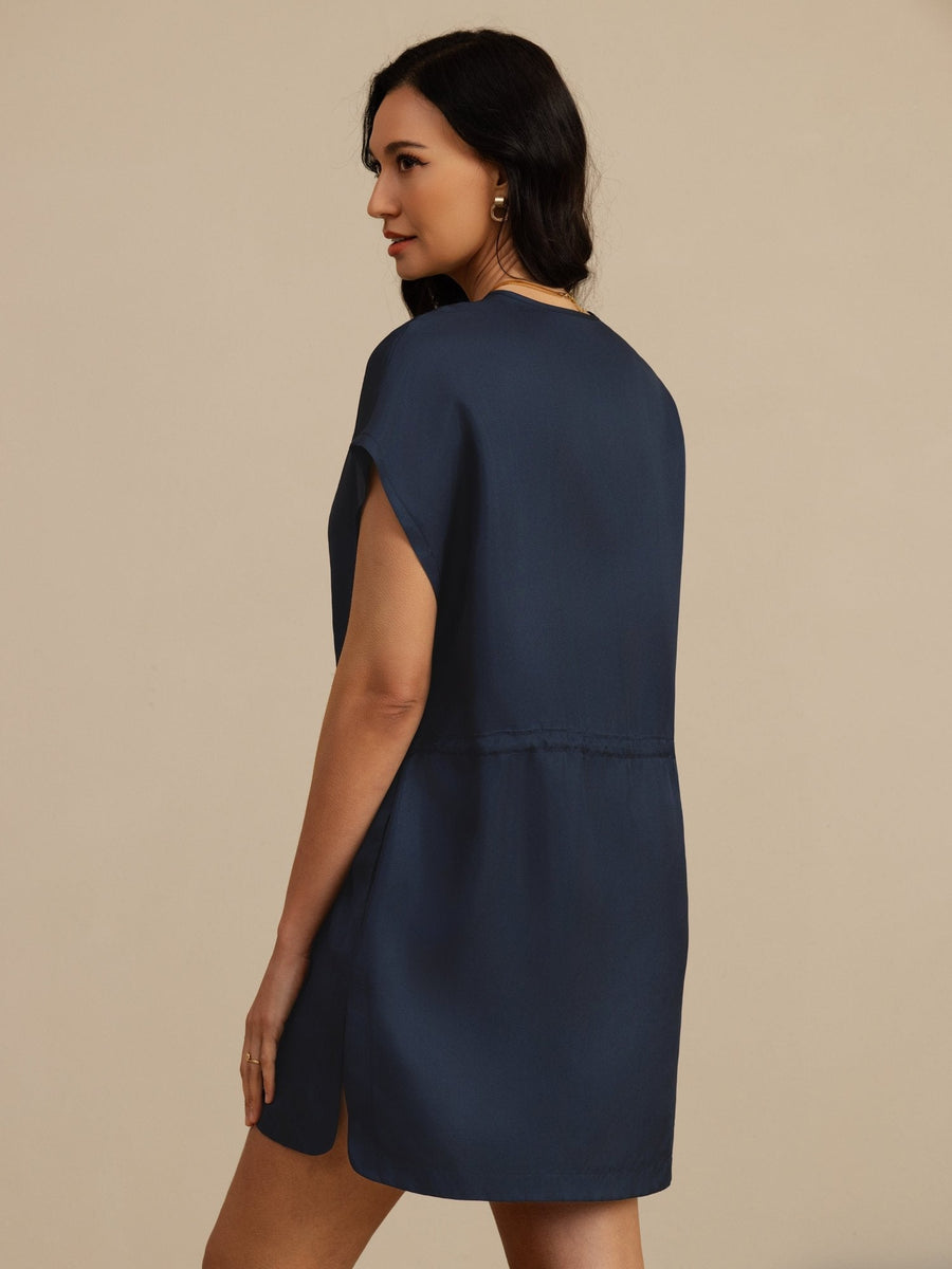 Clearance - 100% Mulberry Silk Henley Neck Cap Sleeve Short Dress With Drawstring