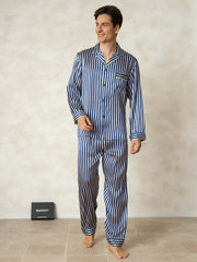 Men's 100% Mulberry Silk Stripe Print Long Sleeve Lapel Collar Pajamas Set