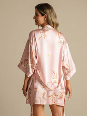 19Momme 100% Mulberry Silk Crane Print 3/4 Sleeve Short Women's Kimono Robe with Wrap Design