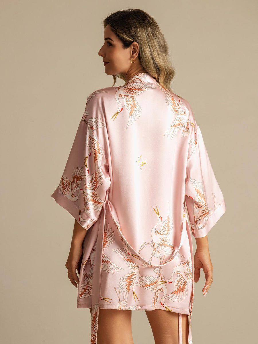19Momme 100% Mulberry Silk Crane Print 3/4 Sleeve Short Women's Kimono Robe with Wrap Design