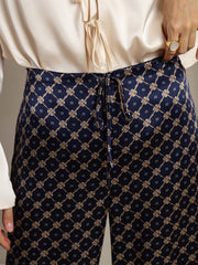 19Momme Silk Chain Print Wide Leg Women's Pants With Side Pockets Design
