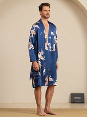 19Momme Pure Silk Men’s Knee Length Crane Printed Robe & Sleep Shorts Set