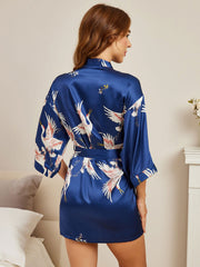 19Momme 100% Mulberry Silk Crane Print 3/4 Sleeve Short Women's Kimono Robe