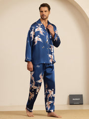 19Momme 100% Mulberry Silk Men's Crane Print Long Sleeve Notch Collar Pajamas Set