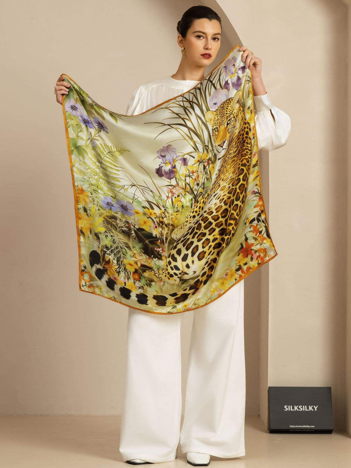 100% Mulberry Silk Leopard & Floral Scarf - Size 90x90cm