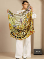 100% Mulberry Silk Leopard & Floral Scarf - Size 90x90cm
