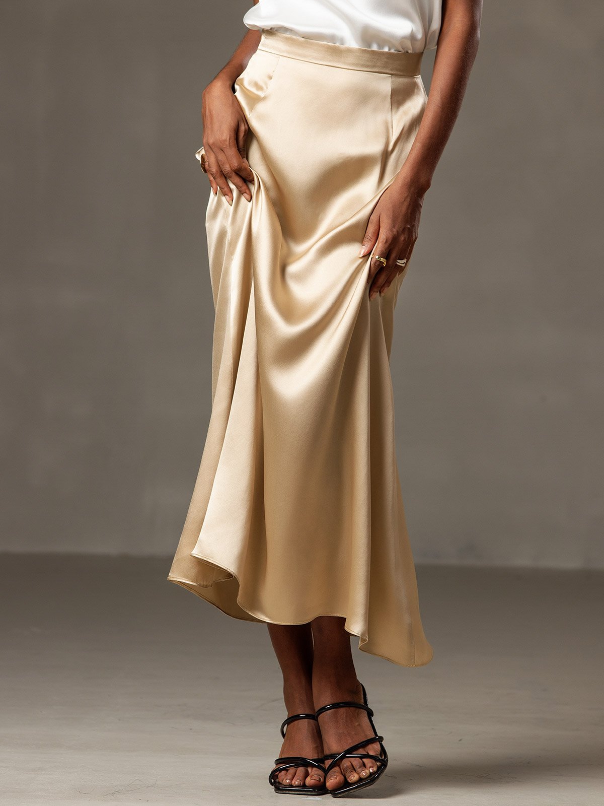 Clearance - 19Momme Silk A Line Maxi Skirt with Zipper Design