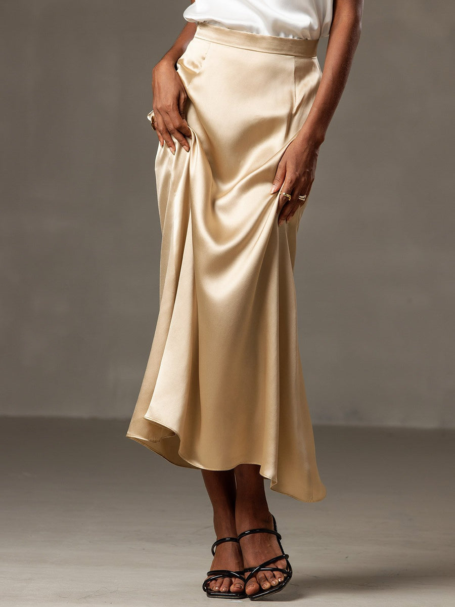 Clearance - 19Momme Silk A Line Maxi Skirt with Zipper Design