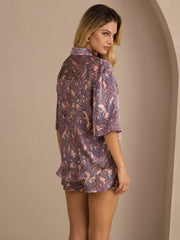 100% Mulberry Silk Women's Palm Tree Print Short Sleeve Button Up Pajamas Set