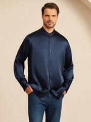 19Momme Silk Men''s Long Sleeve Stand Collar Classic Business Shirt