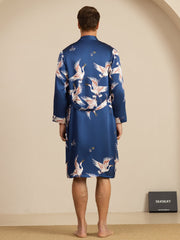 19Momme Pure Silk Men’s Knee Length Crane Printed Robe & Sleep Shorts Set