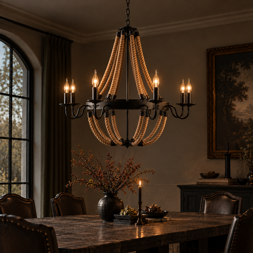 Industrial Iron Rope Chandelier for Living Room, Black