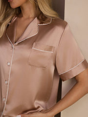 100% Mulberry Silk Short Sleeve Notch Collar Above the Knee Women's Pajamas Set