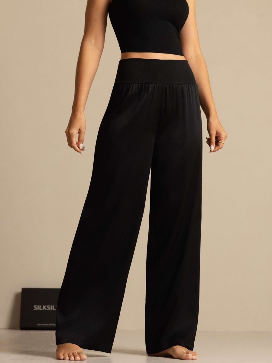 19Momme Silk Women's High-Waist Wide Leg Pants with Wide Stretch Waistband