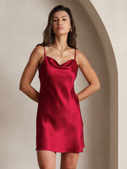 100% Mulberry Silk Spaghetti Strap Cowl Neck Short Dress