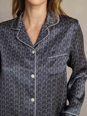Clearance - Women's 100% Mulberry Silk Ginkgo Print Long Sleeve Lapel Collar Pajamas Set