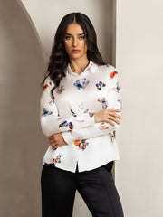 19Momme Silk Butterfly Print Long Sleeve Lapel Collar Women's Shirt