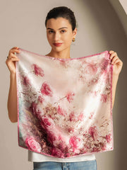 100% Mulberry Silk Rose Pattern Square Scarf - Size 53x53cm