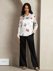 19Momme Silk Butterfly Print Long Sleeve Lapel Collar Women's Shirt