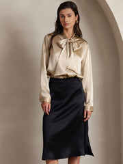 Clearance - Elegant 19Momme Silk Long Sleeve Tie Neck Blouse