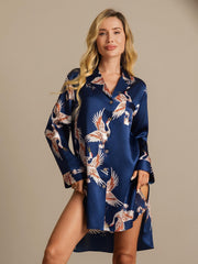 19Momme 100% Mulberry Silk Crane Print Nightshirt with High-Low Hem